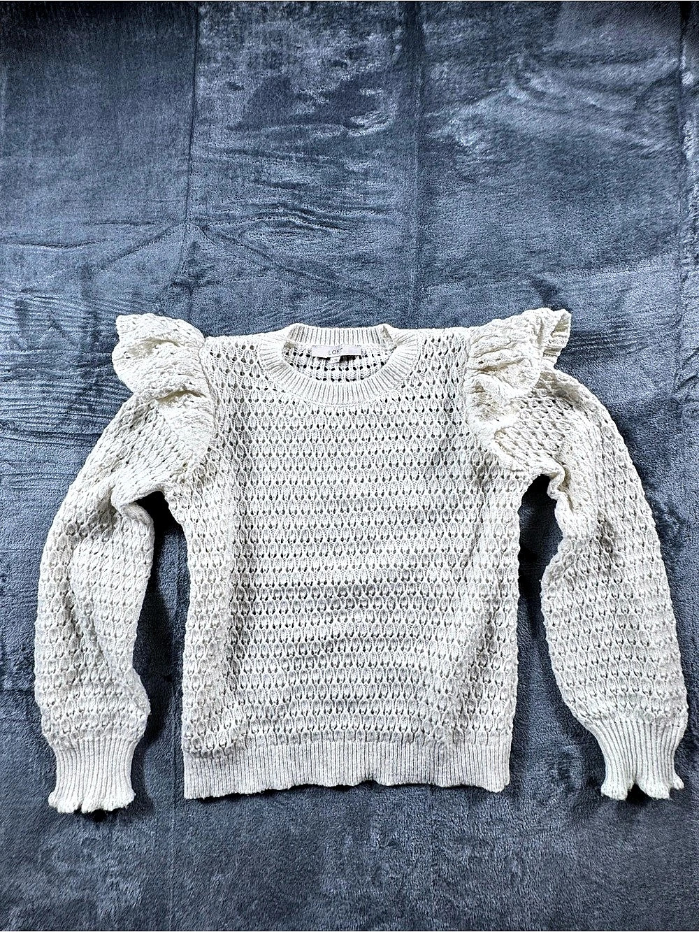 LOFT Cream Ruffle Shoulder Pointelle Open Knit Sweater Size Large